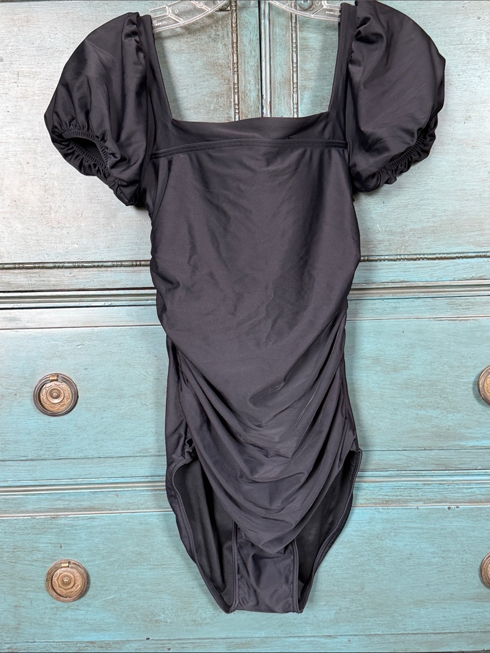 Pink Desert Black Puff-Sleeve Ruched Women’s Swimsuit Size small